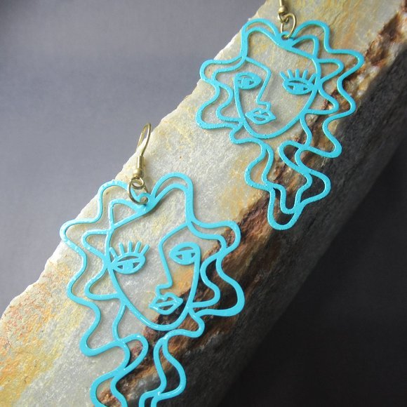 Blue Crowning Glory Dreamer Earrings, Abstract Woman Face, Merida - Picture 1 of 6